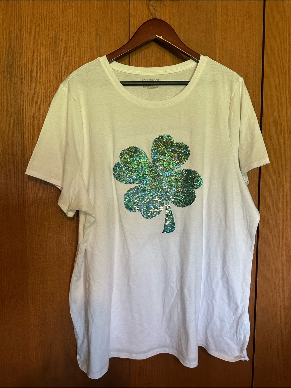 Lane Bryant White Tee with Green Glitter Clover